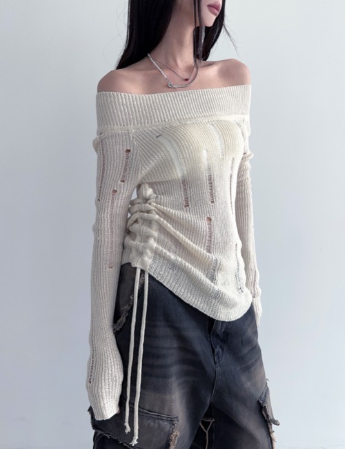 로웨어 off shoulder string damage knit - 위시버킷