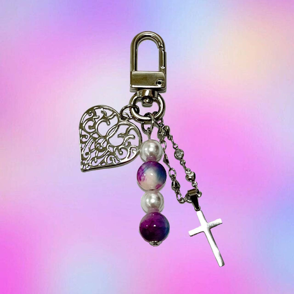 캔디시크 MADE vintage purple Keyring / 보라 하트 십자가 진주 키링 백참 - 위시버킷