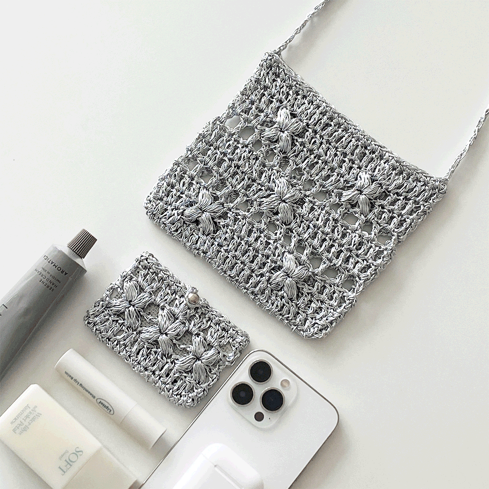 둥둥뜨개 럭키인마이백&월렛 DIY KIT(미니크로스백&카드지갑 실버실 메탈얀 실버네트백 메탈네트백 코바늘가방 코바늘diy 실버백뜨기)  - 위시버킷