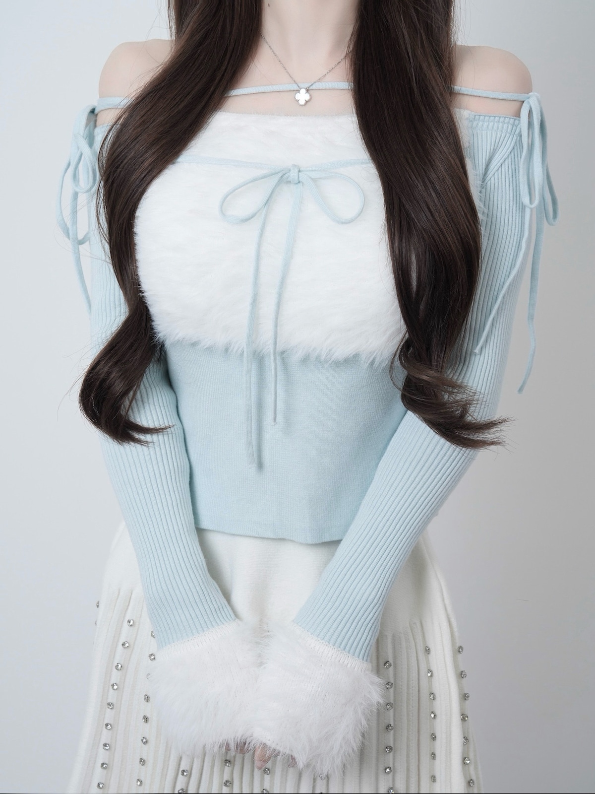ルミニョン lumignon Ribbon bust fluffy tops 루미뇽 Lumignon original ♥ Ribbon bust fluffy tops【ライトブルー