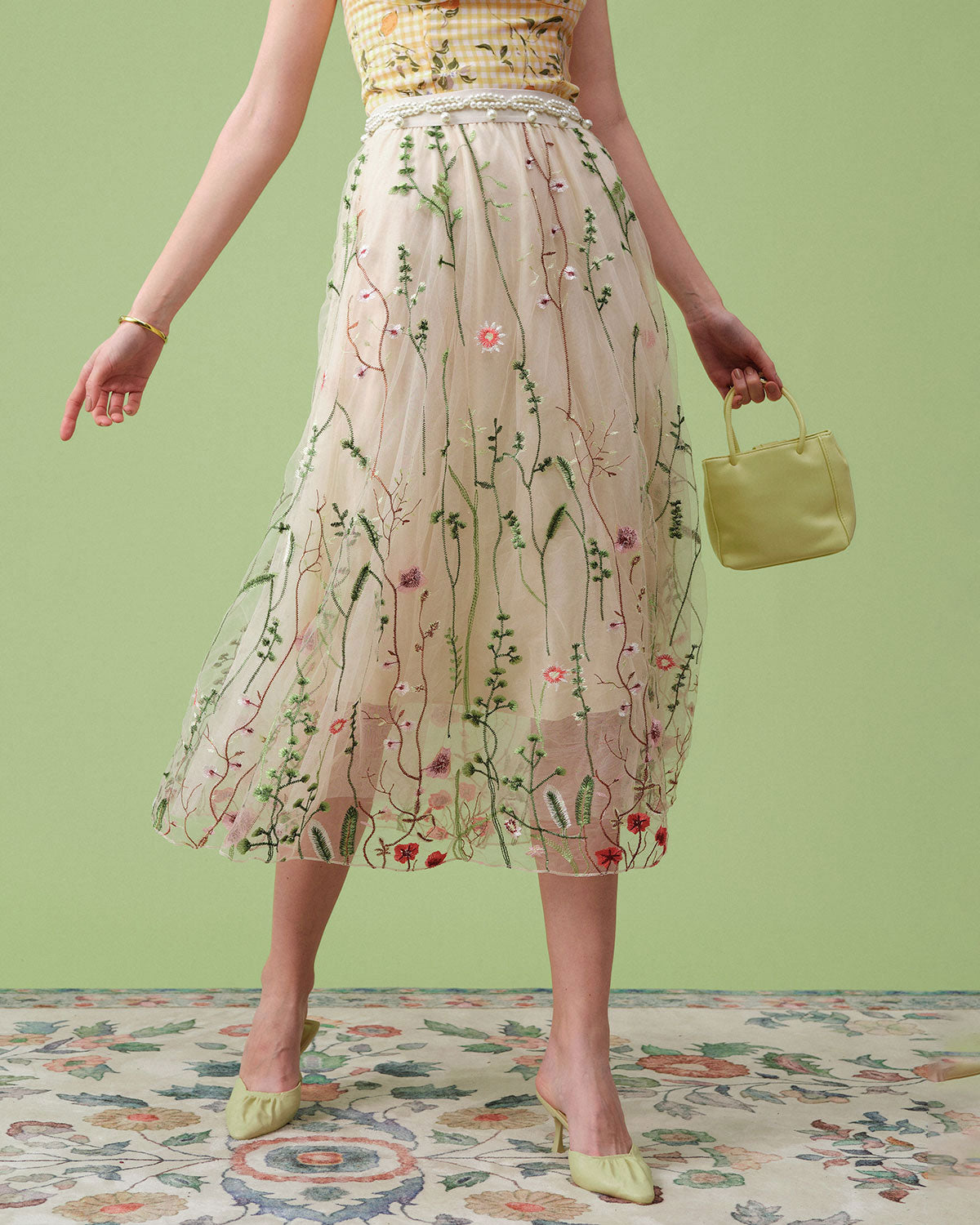 Christal Floral Embroidery Midi Skirt