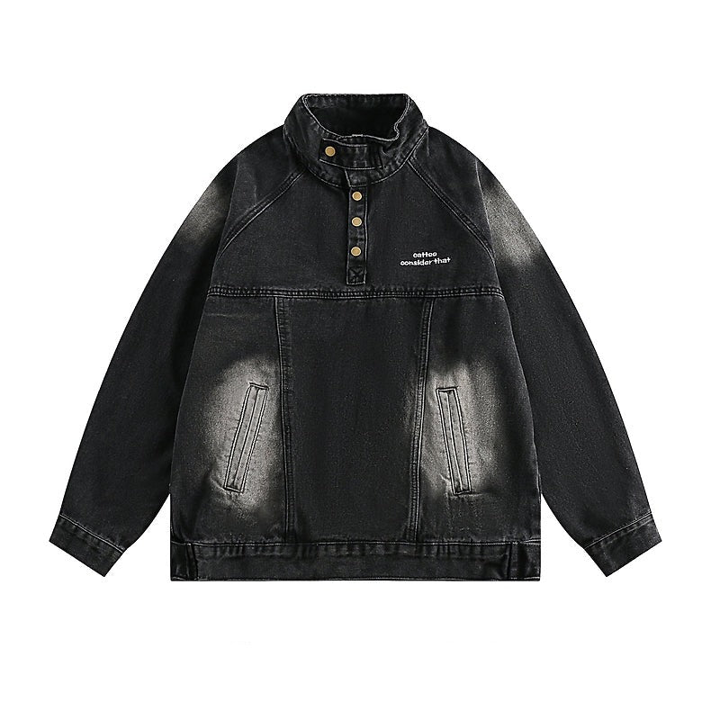 CATTEE CATTEE Distressed Stand Collar Denim Jacket - 위시버킷
