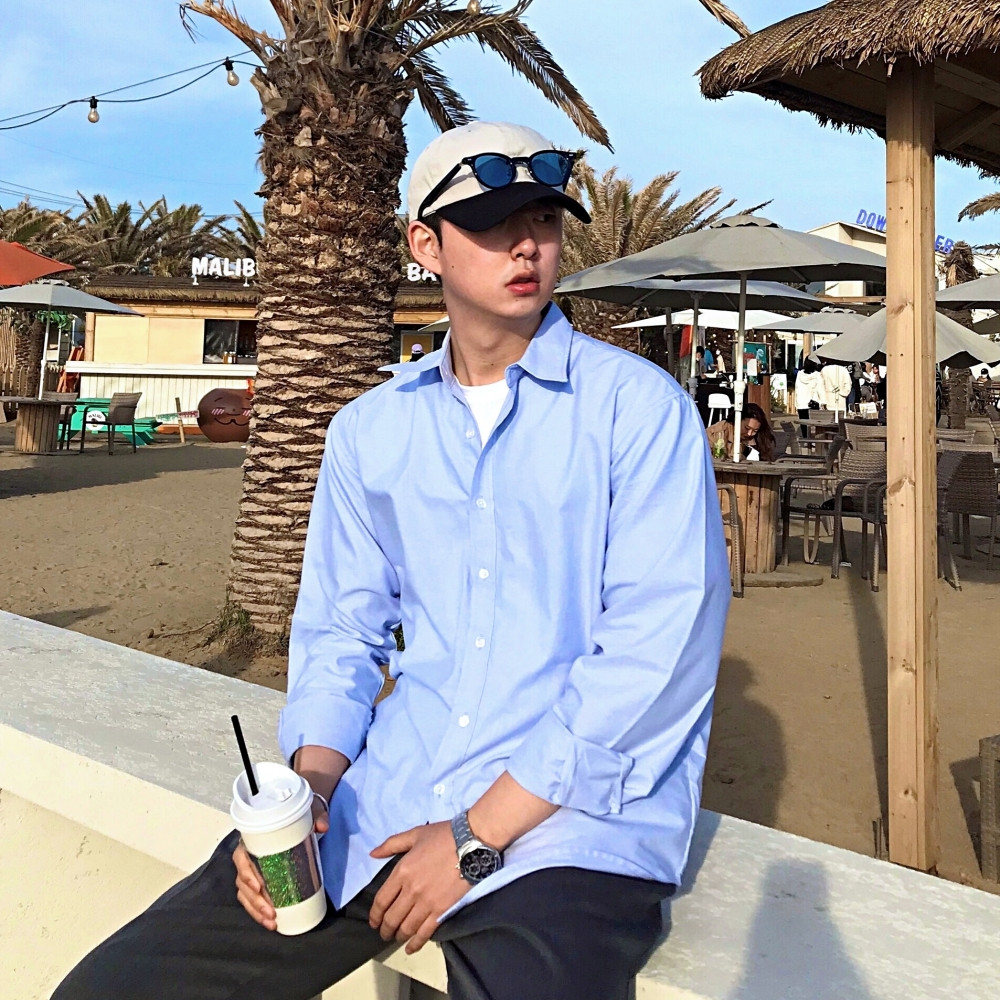 로벤트샵 남자셔츠 남자 하늘색 셔츠 오버핏 소라색 - 위시버킷