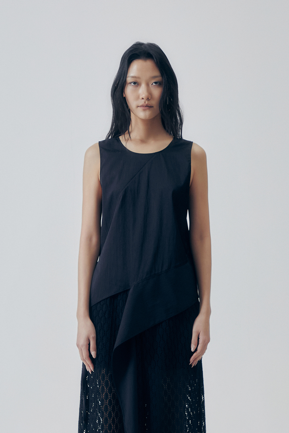 Asymmetric Draped Sleeveless Top with Metal Ring Detail