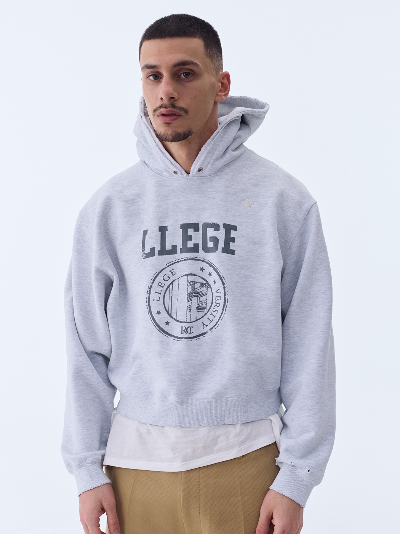 【RECTO】LLEGE LOGO DESTROYED HOODIE SWEATSHIRT MELANGE GREY RECTO - Official Website