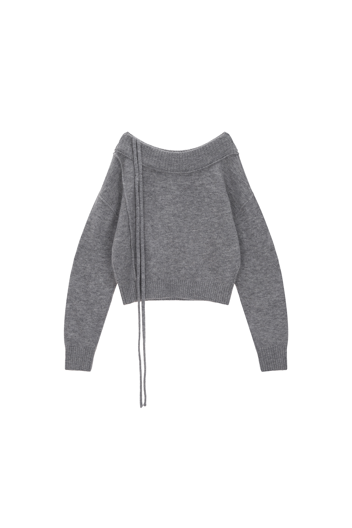 마뗑킴 OFF SHOULDER STRING KNIT PULLOVER IN GREY - 위시버킷