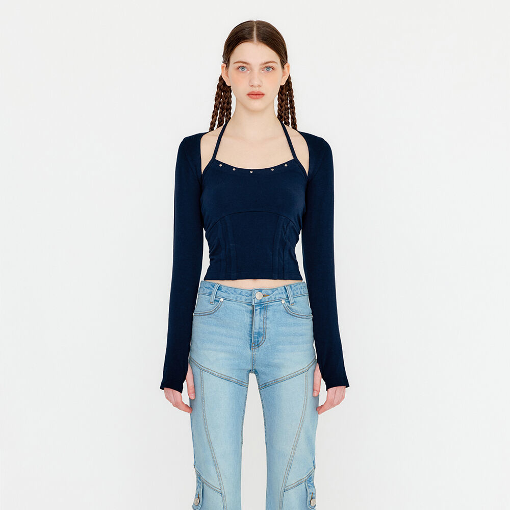 유즈 (SET) EYELET POINT SLEEVE BOLERO TOP - NAVY - 위시버킷