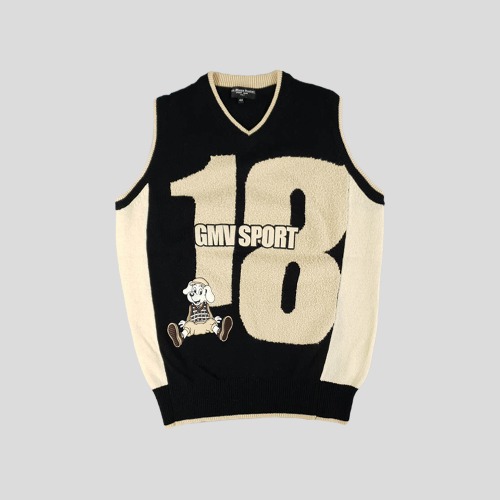 말퀴리 MARQURIE GIAN MARCO VENTURI 장 마르코 벤츄리 블랙 베이지 캐릭터 패치 브이넥 니트 조끼 베스트 ...