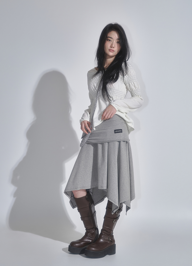 ★as''on★LENA UNBALANCE SKIRT / GRAY★正規品/韓国送料込 NONCODE] Roy Half Flitz Skirt 正規品 韓国ブランド 韓国通販