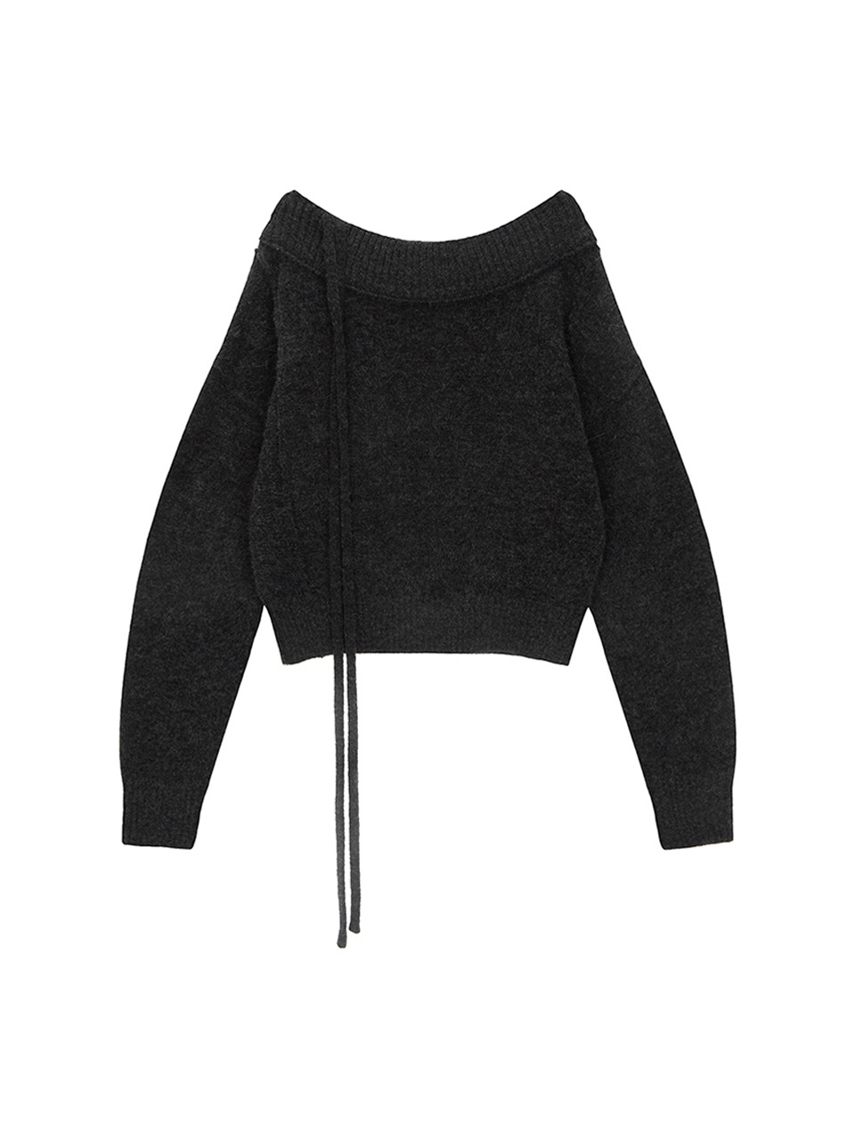 마뗑킴 OFF SHOULDER STRING KNIT PULLOVER IN CHARCOAL - 위시버킷