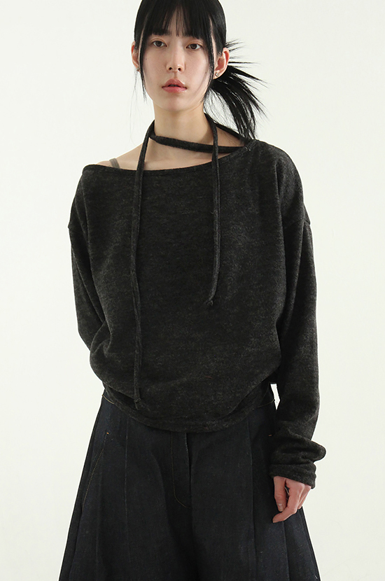 로컬맨션 string neck fleece cropped knit - 위시버킷