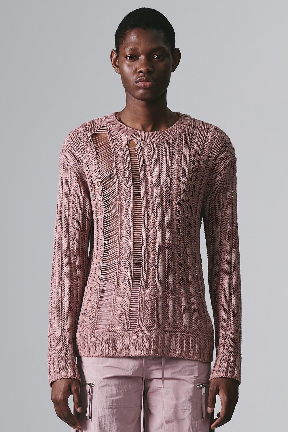 나체 HANDWORK STITCH DAMAGE KNIT (UNISEX) ROSE PINK - 위시버킷