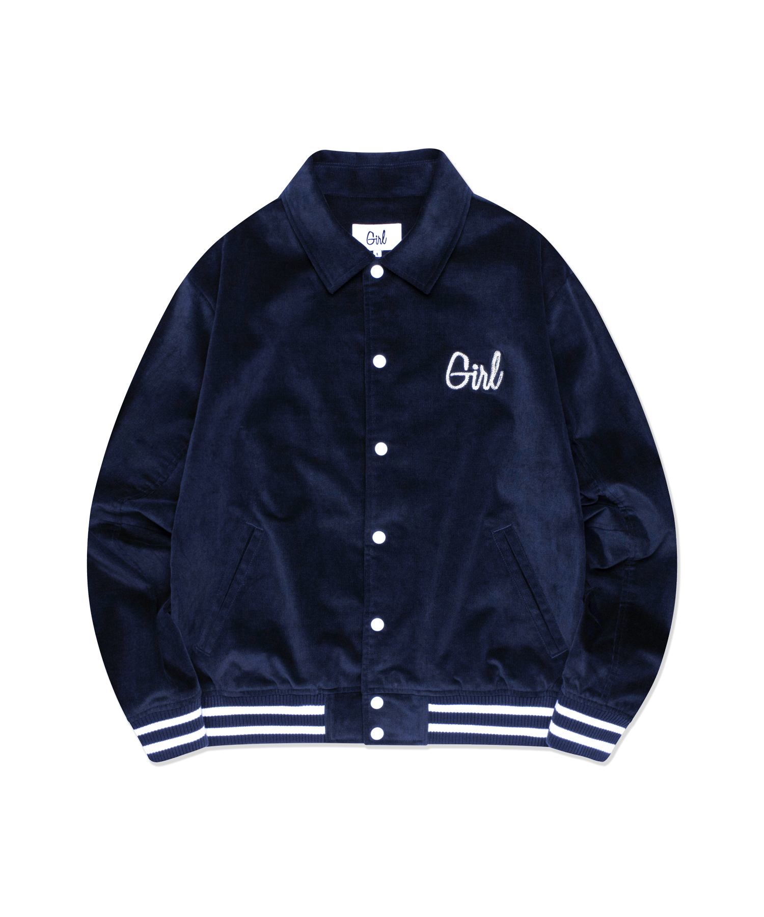 걸 GIRL CORDUROY TYPO VARSITY JACKET navy - 위시버킷