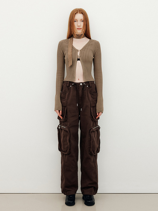 유즈 COTTON TWILL CARGO STRING WIDE PANTS - BROWN - 위시버킷