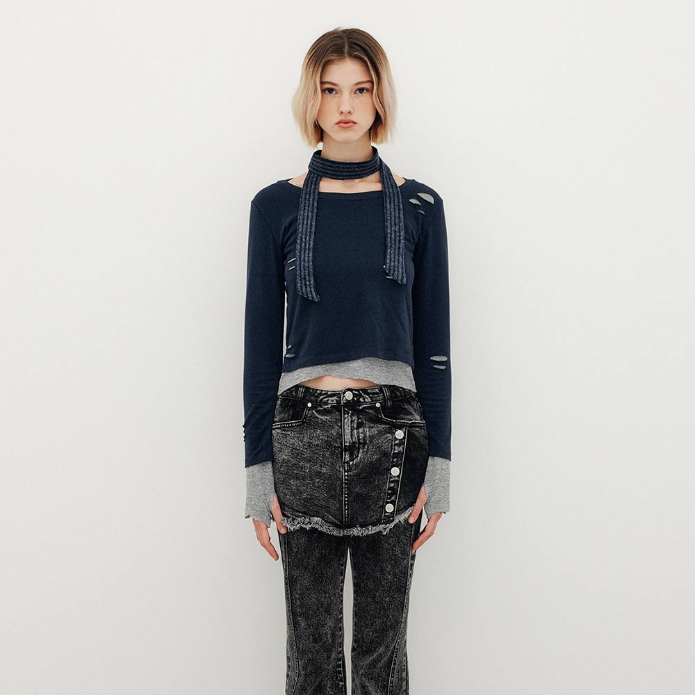 유즈 DESTROYED LAYERED LONG SLEEVE TOP - NAVY - 위시버킷