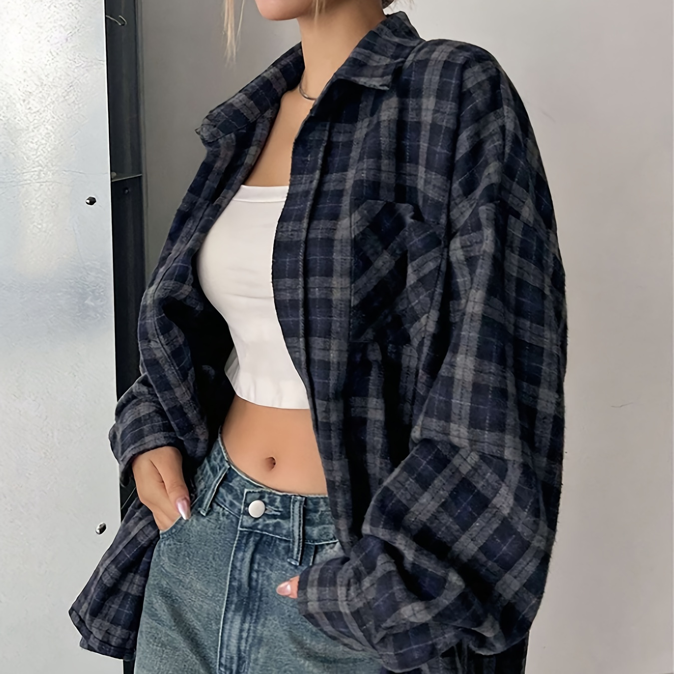 테무 TEMU 체크 무늬 프린트 버튼 프론트 셔츠, 봄 & 가을용 캐주얼 긴 소매 패치 포켓 블라우스, 여성 의류 - 위시버킷