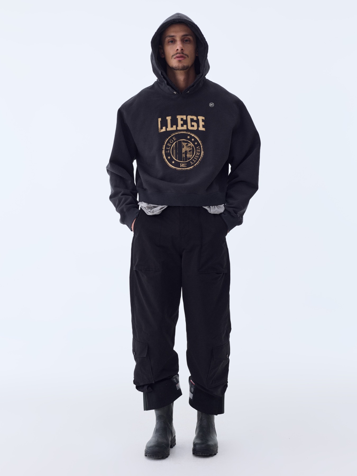 【RECTO】RC LOGO DESTROYED HOODIE SWEATSHIRT BLUISH CHARCOAL 렉토 LLEGE LOGO DESTROYED HOODIE SWEATSHIRT (BLUISH CHARCOAL