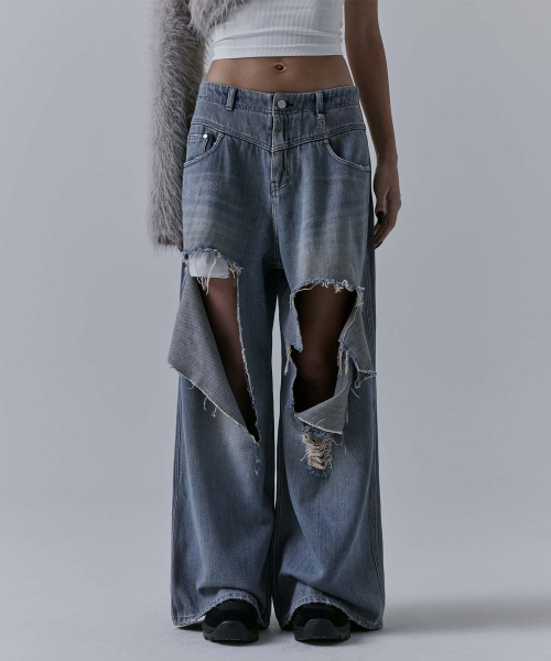 트리밍버드 Flip Cut-out Damage Denim Pants [ Blue ] - 위시버킷